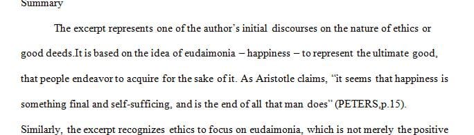 Hand in 2-3-page writing on the attached excerpt from Aristotle's Nicomachean Ethics.
