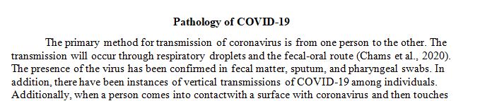 Write a one page single space essay on the pathology of covid 19